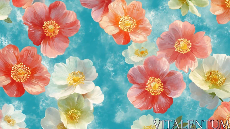 Colorful flowers with yellow centers arranged against turquoise textured background.