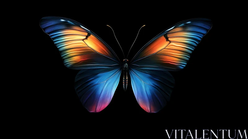 Colorful digital butterfly on black background, front view.