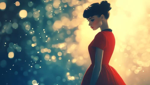Elegant woman in red dress amid glowing bokeh lights.