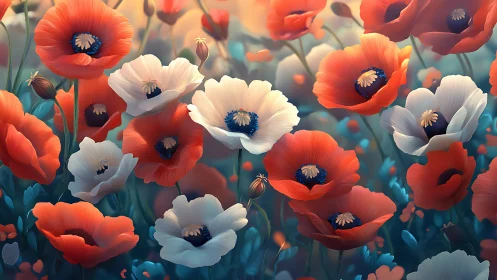 Vibrant Poppy Field with Red and White Blooms in Soft Light