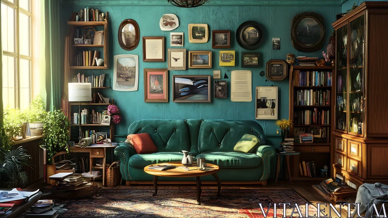 Cozy teal reading nook glows with vintage charm and light.