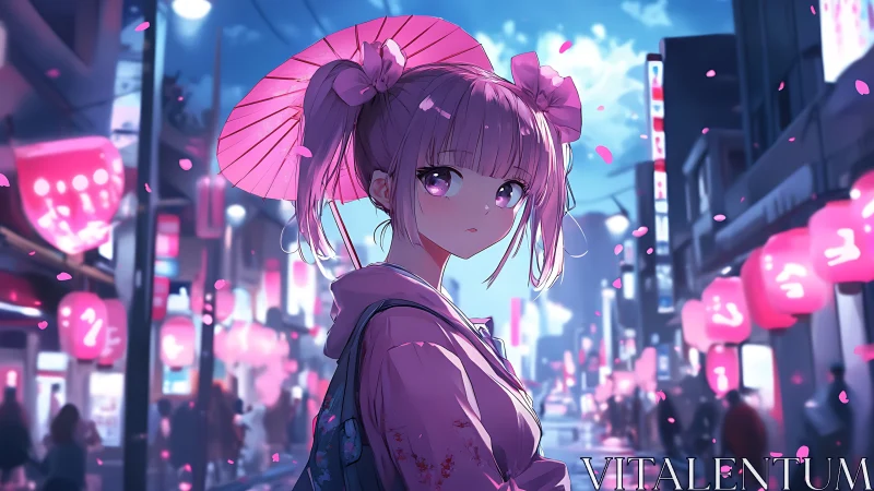 Lantern-lit city night cradles a quiet kimono daydreamer.