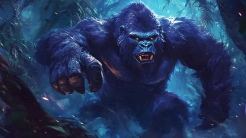 Giant blue gorilla lunging forward in a glowing jungle.
