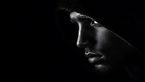 High-contrast hooded male portrait rendered in dramatic chiaroscuro
