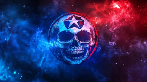 Bilateral neon skull emblem suspended in red blue volumetric nebula