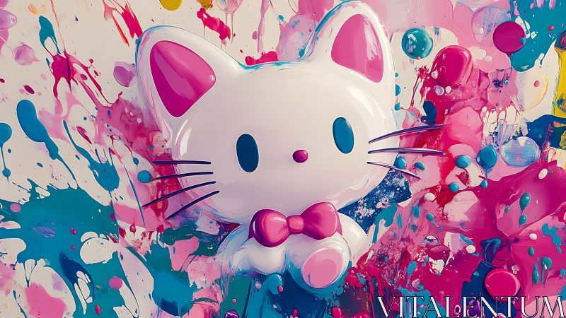 Glossy cat character emerges from dense multicolor paint splatter