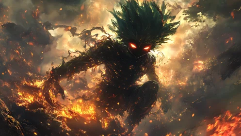Infernal forest spirit descending amid erupting embers.