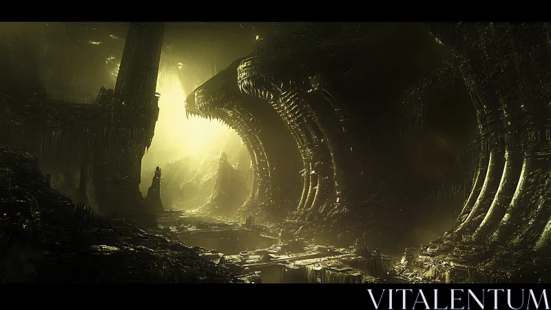 Sunken titan&rsquo;s maw cathedral in toxic golden gloom.