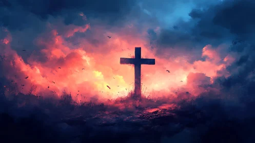 Lone cross rises amid blazing clouds in a twilight storm