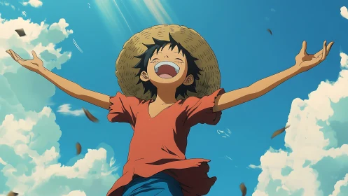 Straw hat boy stretches arms wide under bright blue sky
