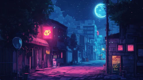 Neon-lit alley under full moon renders cyber-noir nightscape