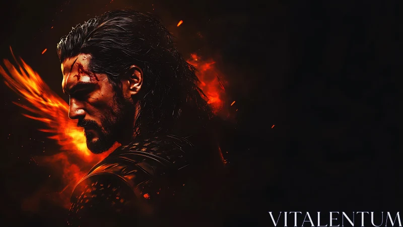 Battle-scarred warrior profile amid erupting ember plume glow