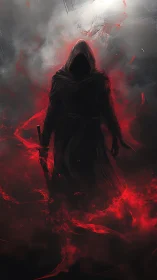 Hooded shadow figure in red mist against stormy light.