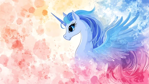 Dreamy winged unicorn in soft rainbow watercolor skies.