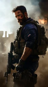 Heavily equipped soldier stands in smoky urban battlefield