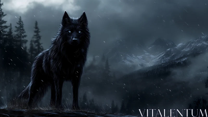 Lone midnight wolf standing watch over stormy mountainscape.