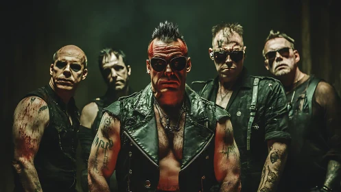 Industrial punk band under harsh cinematic lighting.