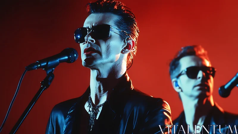 Neon lit rock vocalists in leather on dramatic red stage.