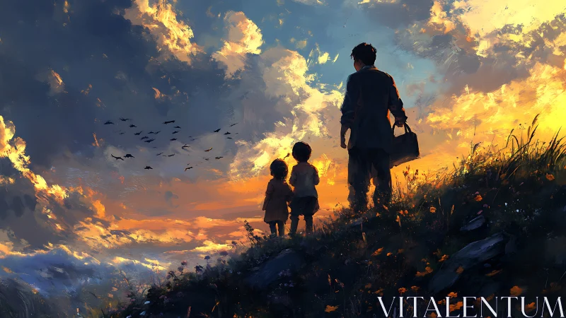 Sunset hillside walk with family under painted sky.