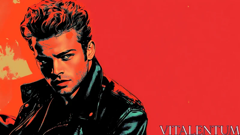 Bold leather jacket portrait glows against vivid red backdrop