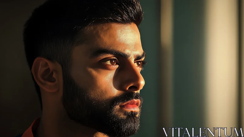 Pensive bearded man in warm sunset window light gazing outward.