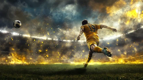 Kinetic soccer striker amid pyroclastic stadium blast field.