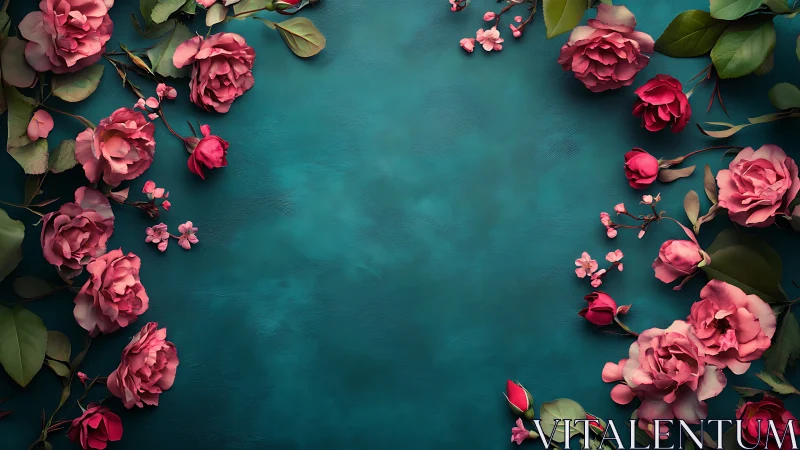 Pink Camellia Arrangement on Teal Surface Composition.