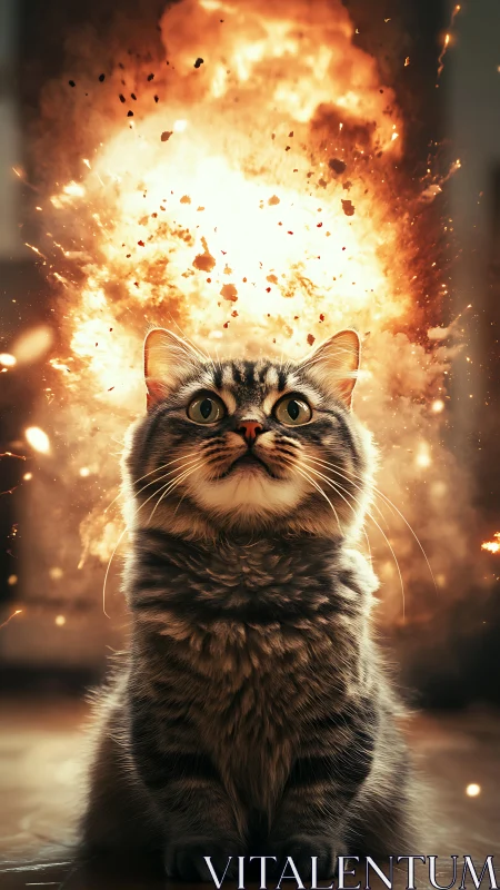 Tabby Cat Positioned Before Large-Scale Explosion Composite.