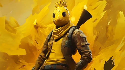 Masked desert scout stands in swirling golden dust storm.