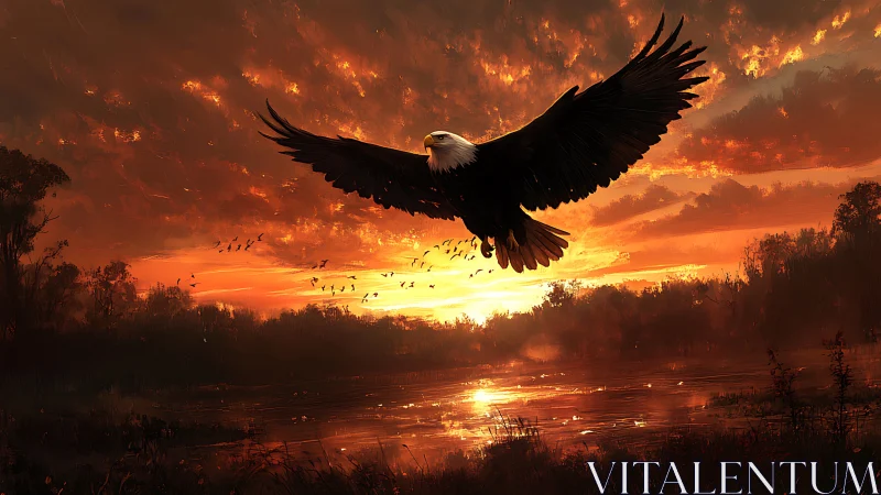Majestic Bald Eagle Soaring Over Lake at Vibrant Sunset, Digital Art.