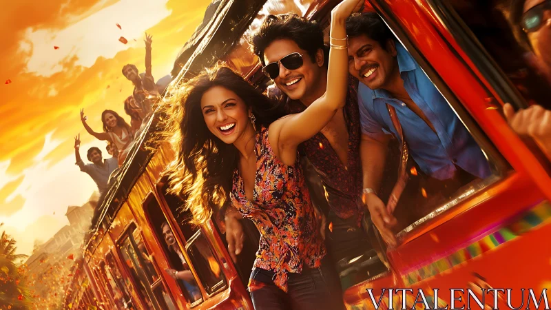 Group leaning from moving orange train in warm sunset light.