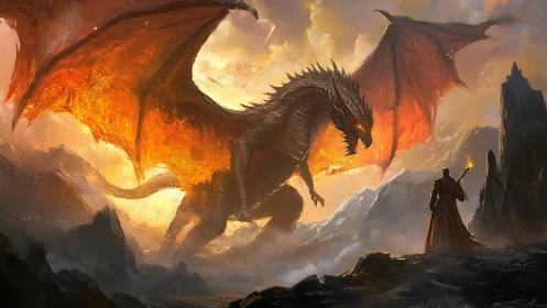 Large winged dragon confronting lone robed figure at dusk.