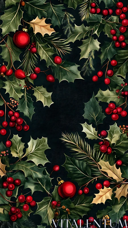 Christmas holly wreath border with red berries and baubles.