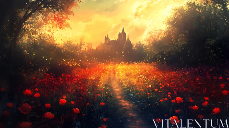 Golden sunset path wanders through glowing red flower fields