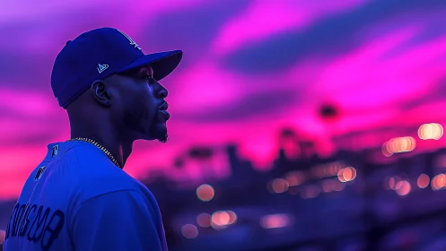 Neon dusk portrait of baseball player in electric magenta glow.