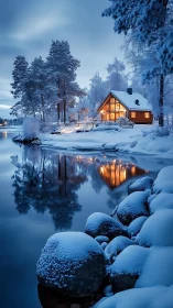 Snow covered lakeside cabin with warm glowing lights.
