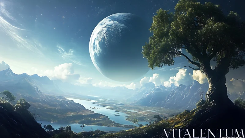 Colossal planet hangs above luminous alien river valley.