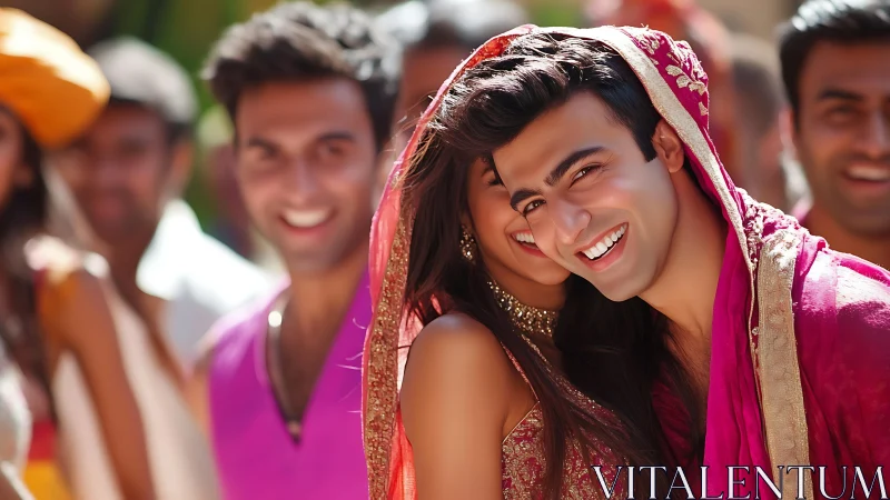 Smiling couple in red wedding attire posing amid guests