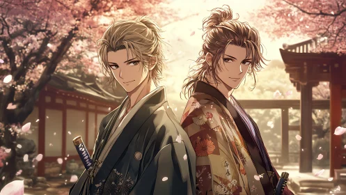 Kimono-clad samurai duo under luminous sakura canopy.