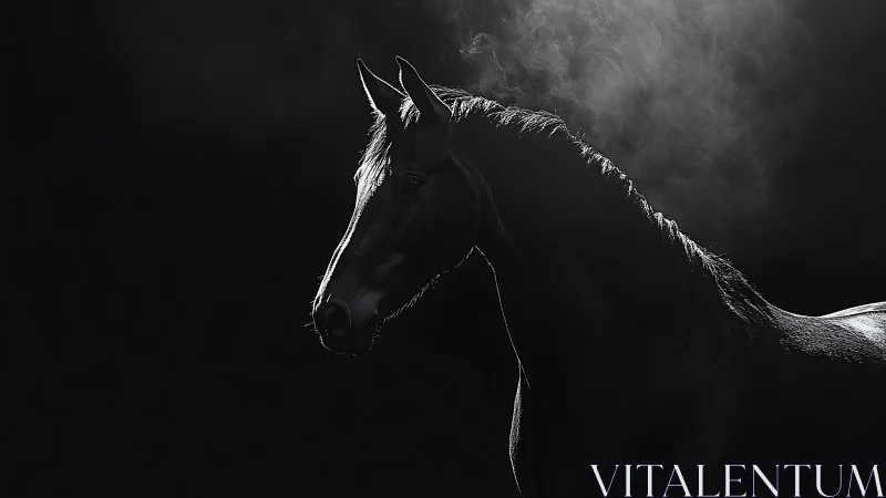 Midnight horse in gentle smoke and soft silver light.