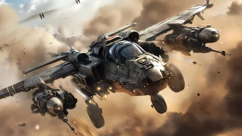 Futuristic gunship dives through explosive sci‑fi air battle.