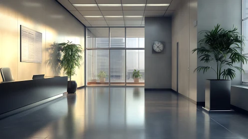 Modern corporate lobby with sleek light and glass surfaces.