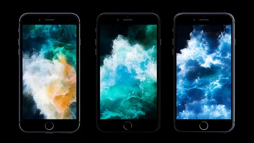 Three smartphones with abstract ocean wave displays.
