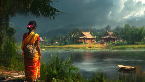 Riverbound daydreams under stormlit village skies.