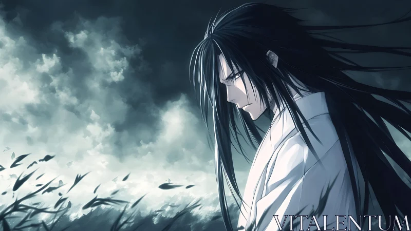 Melancholic anime swordsman against stormy coastal sky.