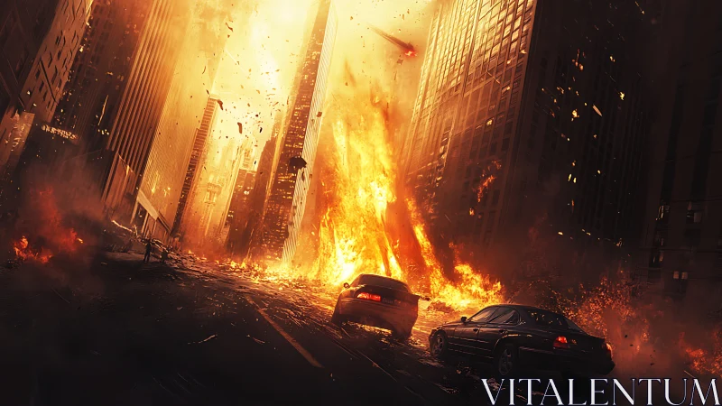 Urban street explosion with high-rise building fire scene.