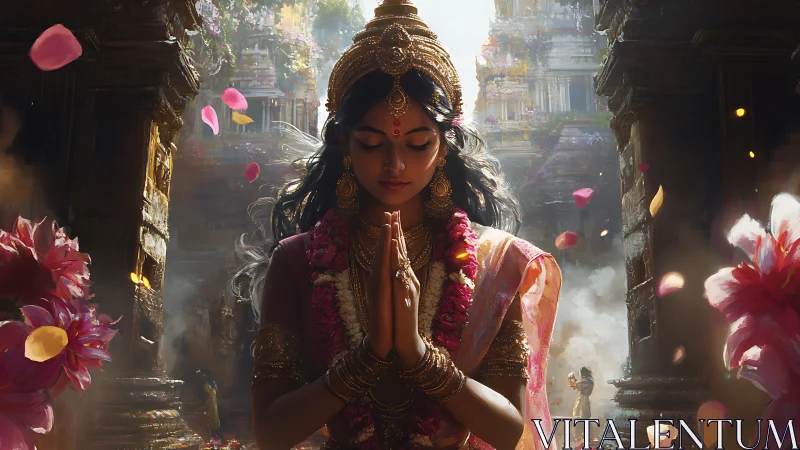 Temple petals and quiet prayers in golden morning light.