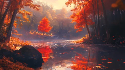 Luminous autumn riverbank with radiant scarlet foliage.