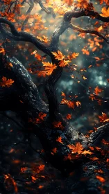 Backlit autumn maple branches curve through cinematic forest haze