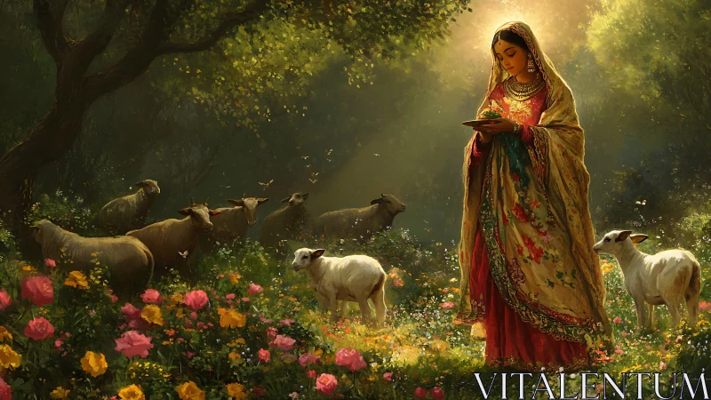 Digital pastoral tableau with robed maiden and grazing sheep.